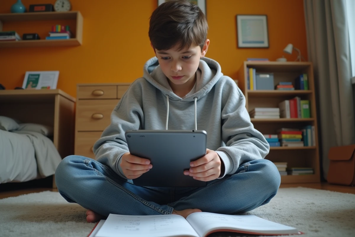 Adolescent révisant les conversions litres kilogrammes avec tablette et manuel scolaire