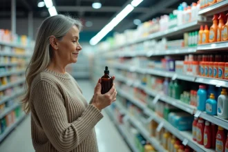 Femme lisant l'étiquette d'une bouteille d'alcool 90 degrés dans le rayon pharmacie d'une grande surface