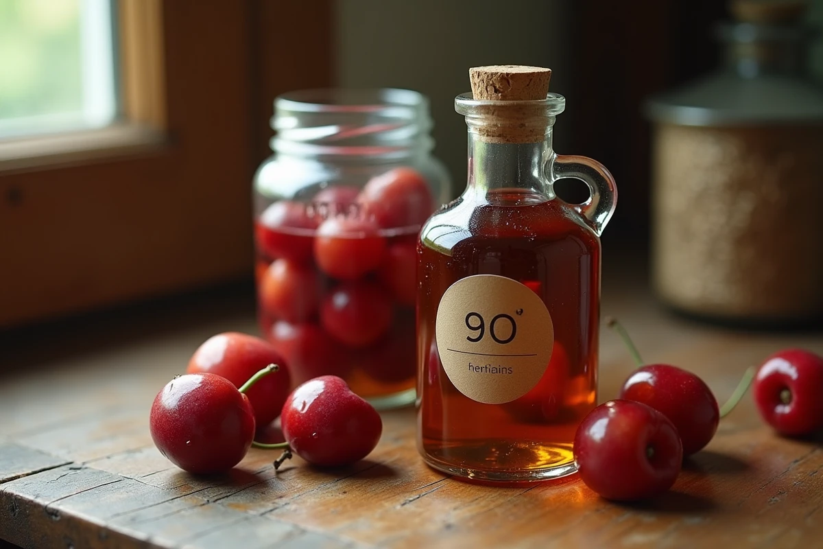 Bouteille d'alcool 90 degrés posée à côté de fruits à conserver sur un plan de travail en bois