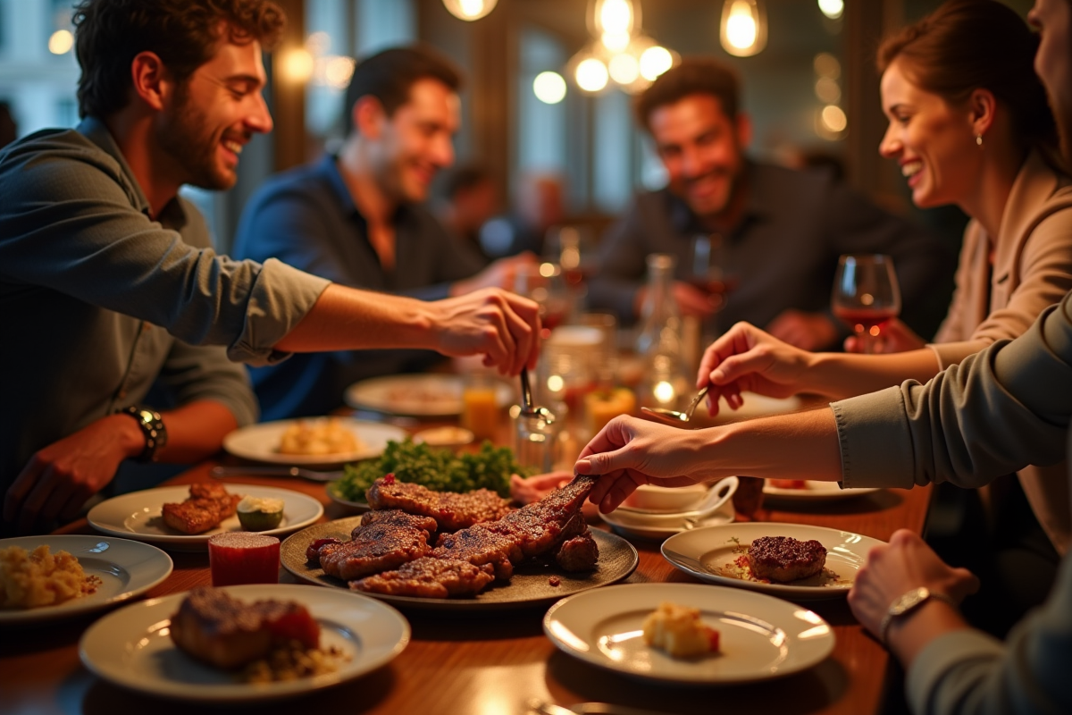 Groupe d amis partageant un dîner de viandes grillées à Rennes