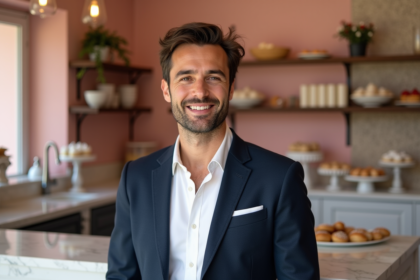 Animateur TV souriant devant un décor pâtisserie pastel