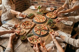 Un apéro dînatoire convivial avec plusieurs petites pizzas garnies variées disposées sur une table en bois rustique entourée de verres de rosé et d'herbes fraîches
