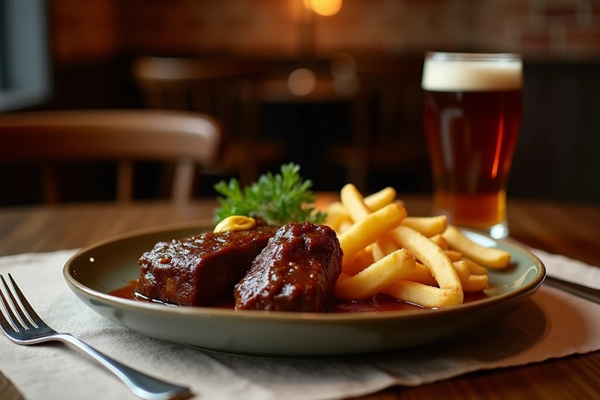 Assiette de carbonade flamande servie avec frites dorées et sauce brune caramélisée dans une brasserie belge