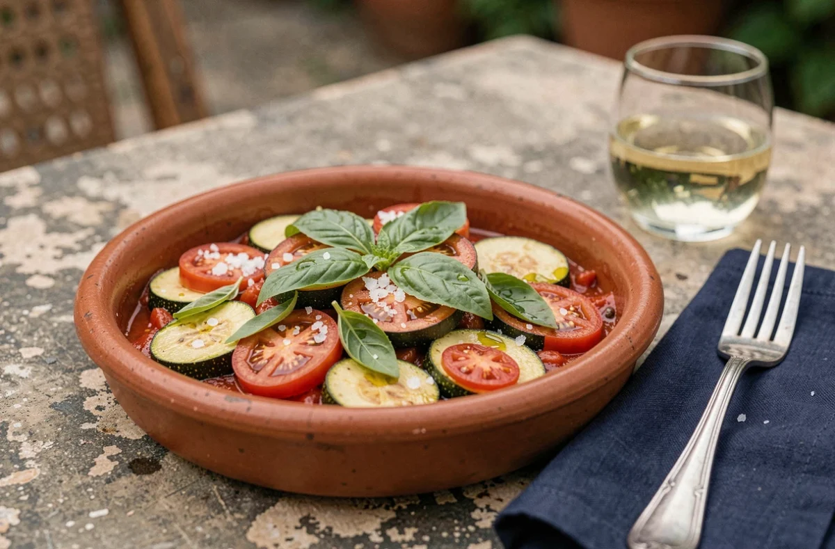 Assiette de courgettes sautées méditerranéennes aux tomates et basilic frais servie dans un bol en terre cuite