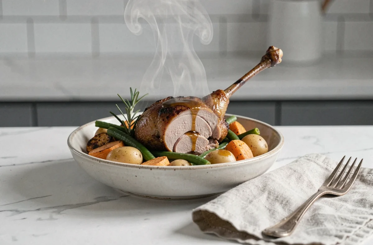 Assiette de cuisse de canard confite avec légumes de saison mijotés, jus de cuisson et romarin frais