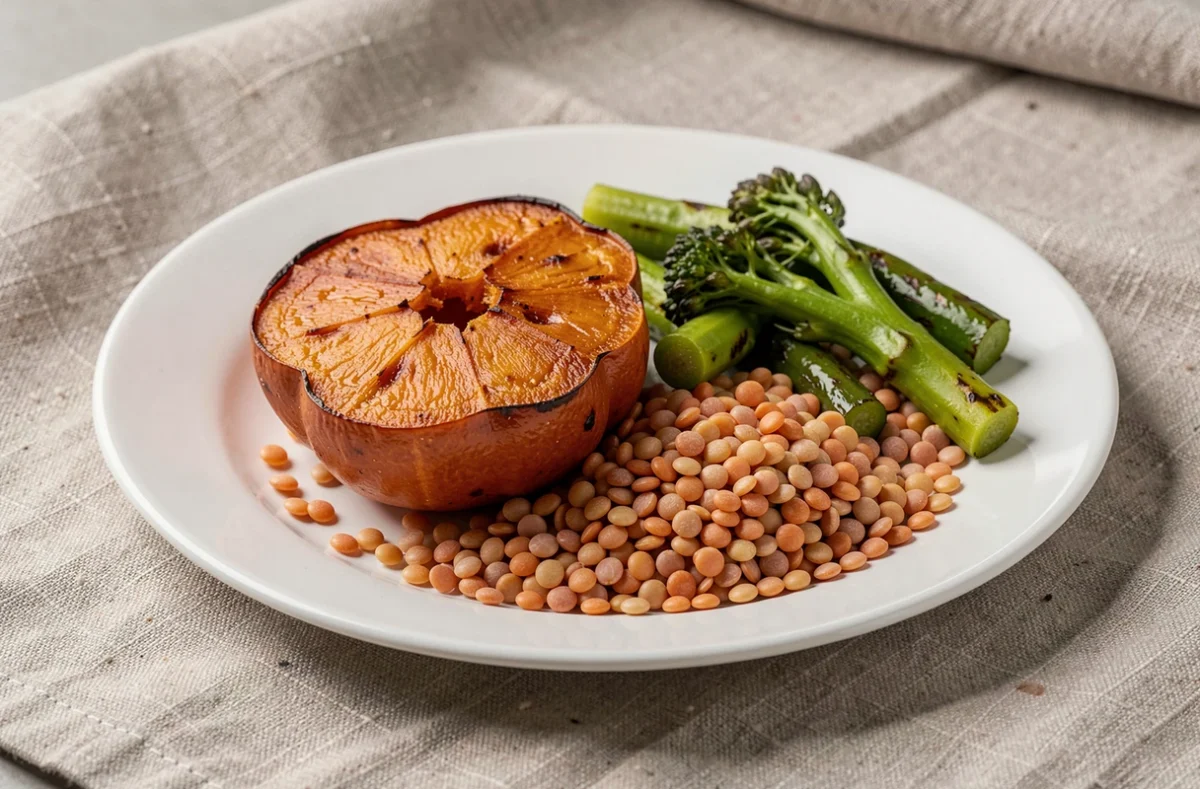 Assiette équilibrée avec potimarron rôti, lentilles et légumes verts