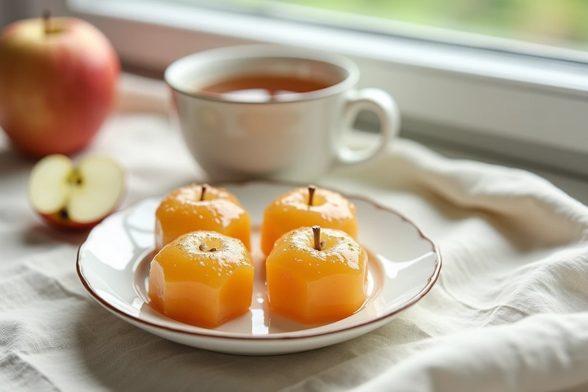 Assiette en céramique avec quatre pâtes de fruits à la pomme translucides ensucrées, posée sur une nappe en lin à côté d'une tasse de tisane dans un intérieur scandinave épuré