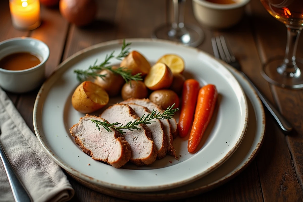Assiette de rôti de porc tranché avec pommes de terre et carottes glacées sur une table en chêne lors d'un dîner en famille