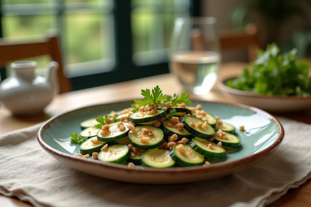 Assiette rustique de courgettes sautées aux oignons et persil