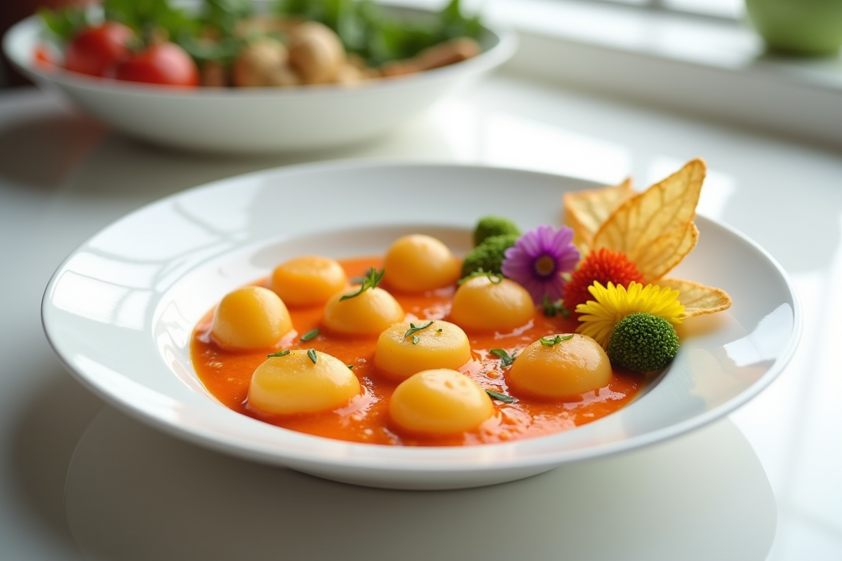 Assiette élégante avec purée de pommes de terre et carottes et chips colorés