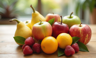 Fruits frais disposés en U sur une table en bois clair