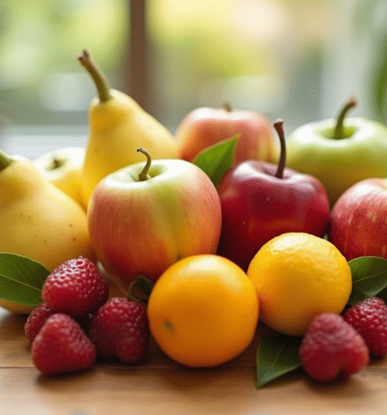 Fruits frais disposés en U sur une table en bois clair