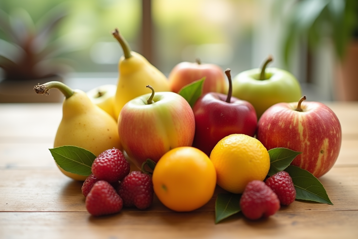Fruits frais disposés en U sur une table en bois clair