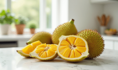 Assortiment de fruits J sur plan de travail blanc