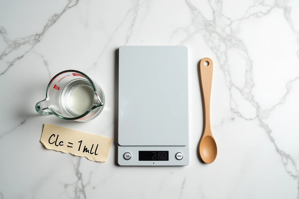 Vue aérienne d'une balance de cuisine affichant 125g avec un verre doseur en centilitres et une note de conversion manuscrite