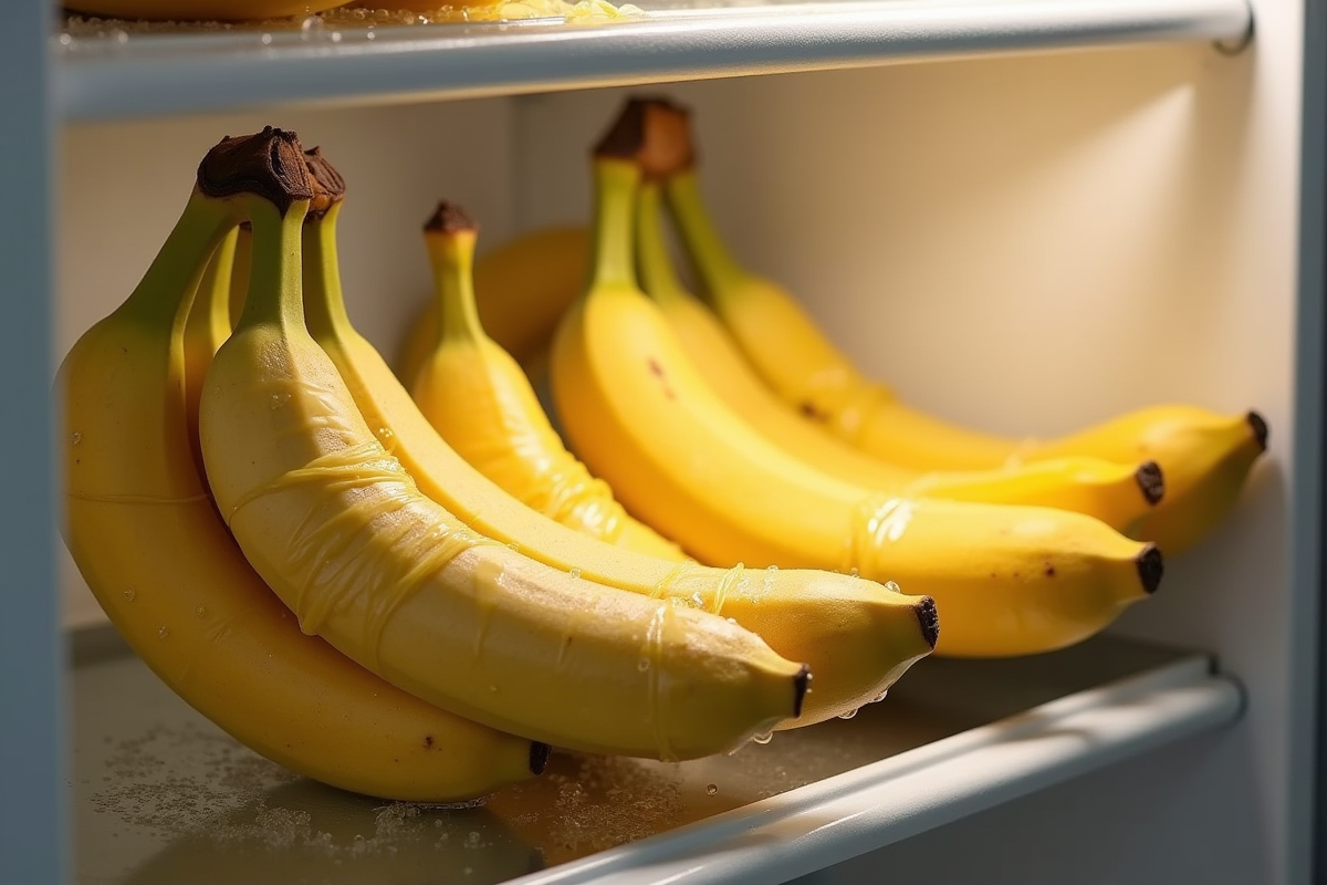 Bananes emballées dans des wraps en cire d abeille dans un frigo moderne