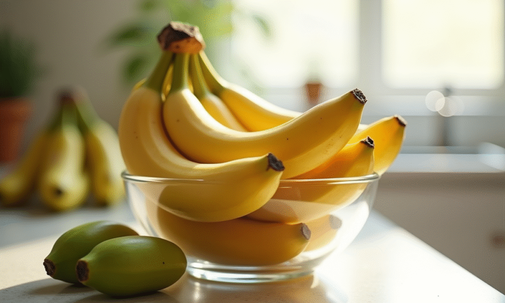 Bananes mûres dans un bol en verre sur un plan de travail lumineux