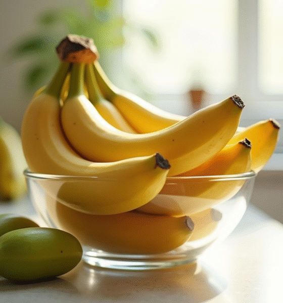 Bananes mûres dans un bol en verre sur un plan de travail lumineux