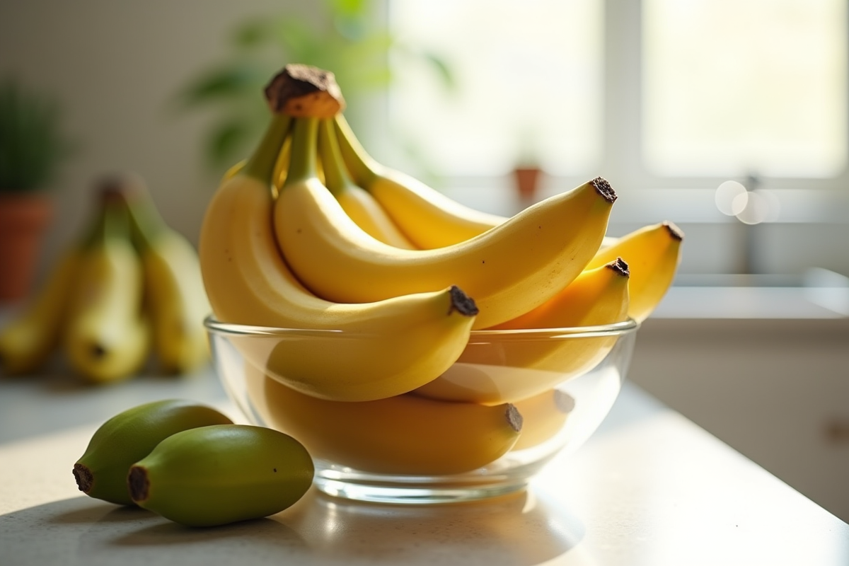 Bananes mûres dans un bol en verre sur un plan de travail lumineux