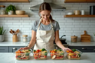 Femme préparant des repas légers en batch cooking dans des boîtes en verre pour la semaine du lundi au jeudi