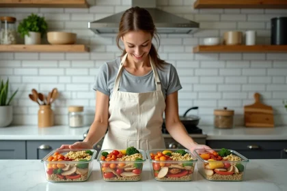 Femme préparant des repas légers en batch cooking dans des boîtes en verre pour la semaine du lundi au jeudi