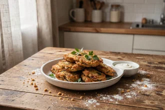 Assiette de beignets d'aubergine ultra croustillants dorés sur une table en bois rustique avec sauce yaourt et herbes fraîches