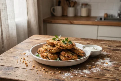 Assiette de beignets d'aubergine ultra croustillants dorés sur une table en bois rustique avec sauce yaourt et herbes fraîches