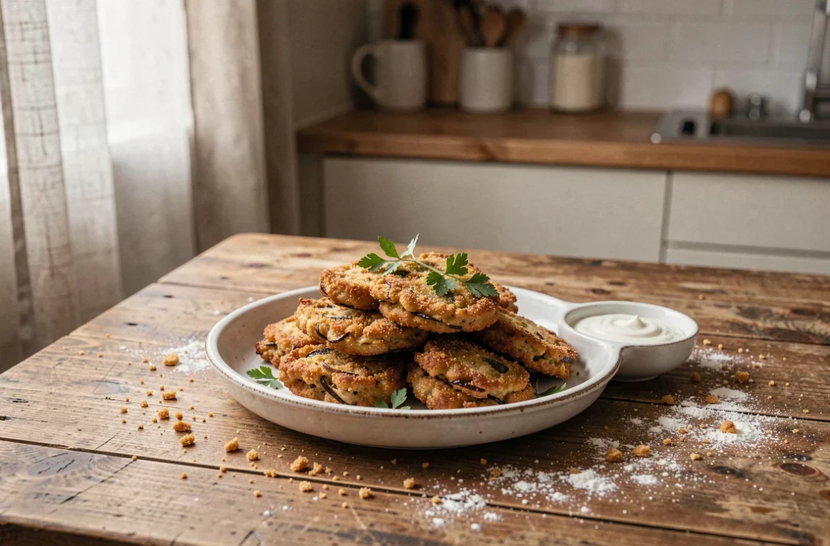 Assiette de beignets d'aubergine ultra croustillants dorés sur une table en bois rustique avec sauce yaourt et herbes fraîches