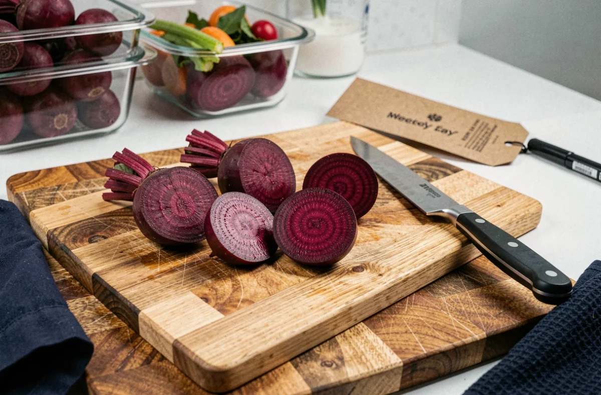 Betteraves rouges cuites et tranchées sur une planche en bois avec des contenants de batch cooking en arrière-plan