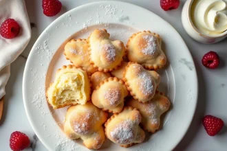 Biscuits cuillère maison disposés en flat lay sur marbre blanc avec crème mascarpone et framboises fraîches