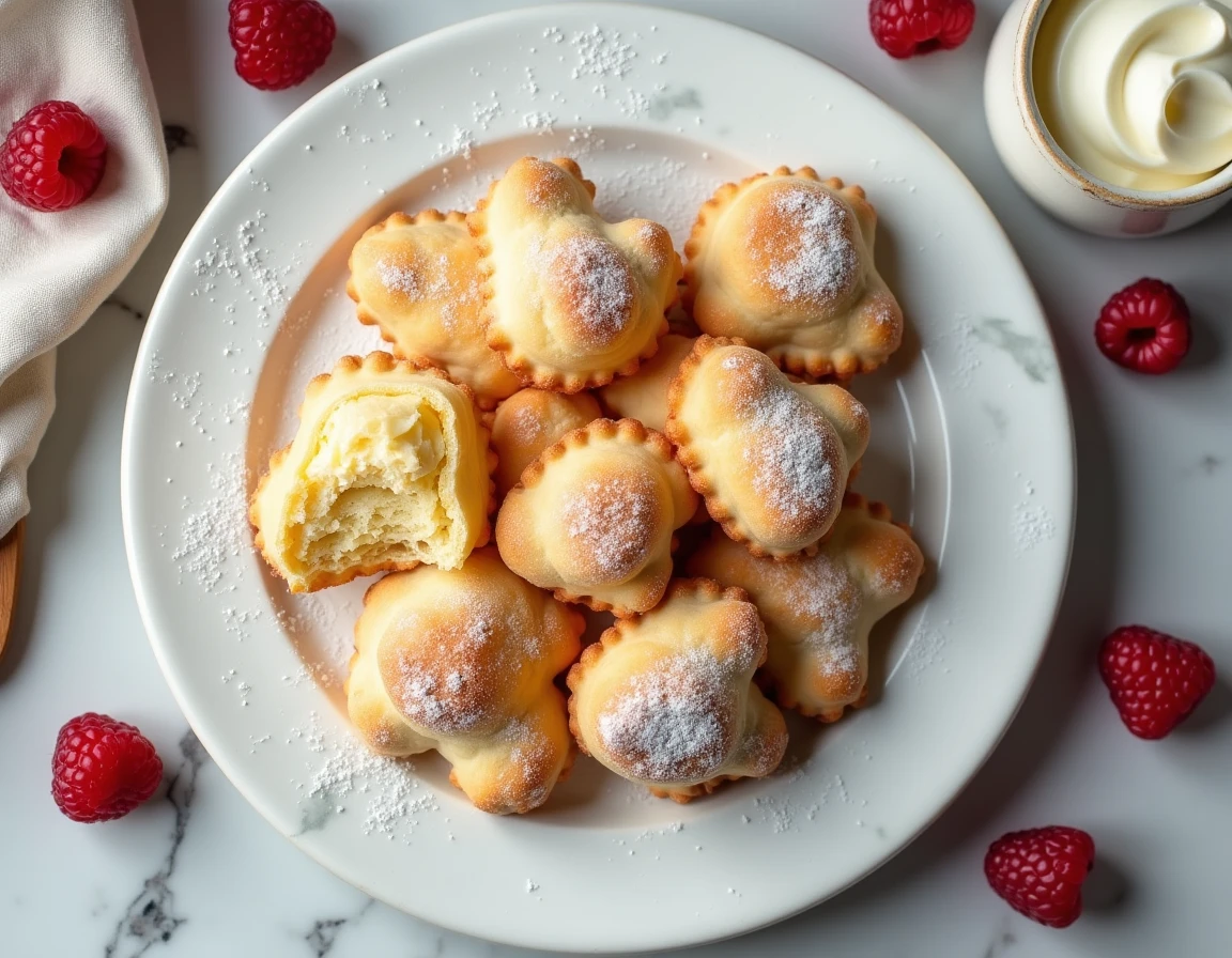 Biscuits cuillère maison disposés en flat lay sur marbre blanc avec crème mascarpone et framboises fraîches