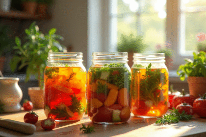 Bocaux remplis de légumes colorés fermentant sur un comptoir ensoleillé