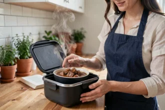 Femme préparant une boîte repas isotherme avec un plat mijoté dans une cuisine moderne pour le batch cooking