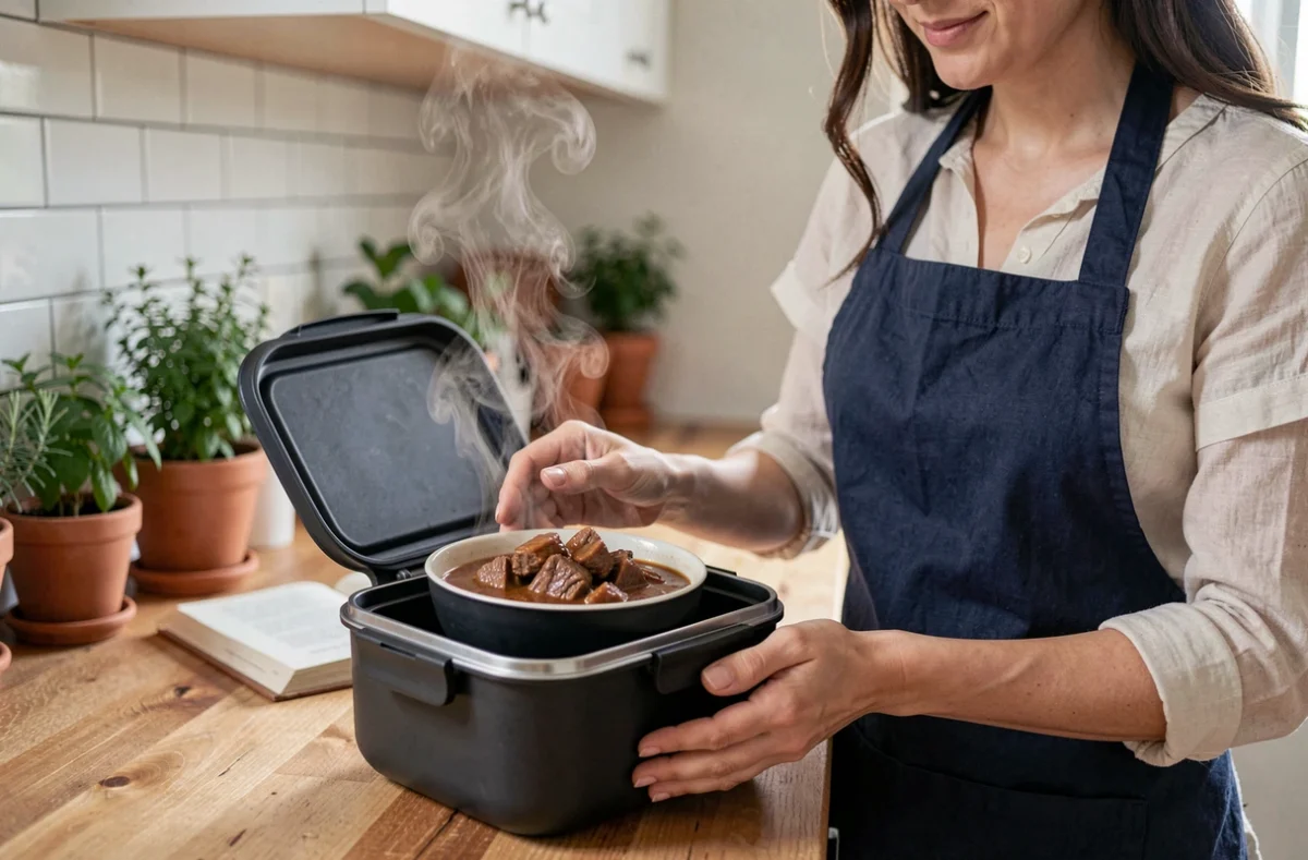 Femme préparant une boîte repas isotherme avec un plat mijoté dans une cuisine moderne pour le batch cooking