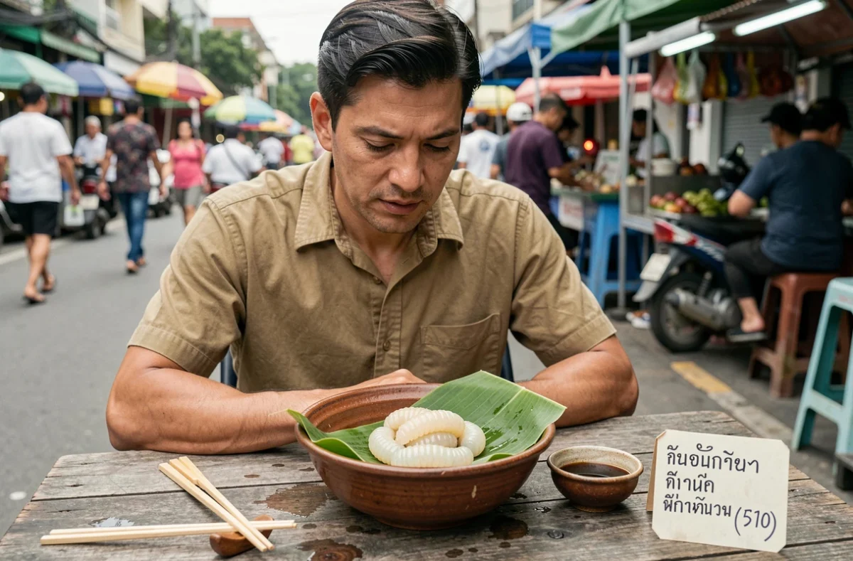 Bol traditionnel de vers de coco sur une feuille de bananier dans un marché de rue thaïlandais
