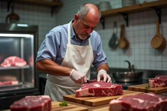 Boucher professionnel découpant un épais steak de côte de bœuf sur un billot en bois dans une boucherie traditionnelle française