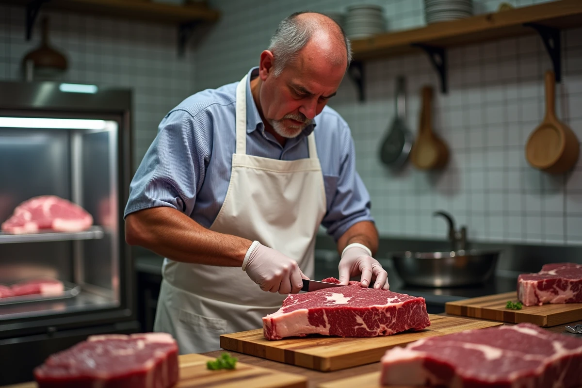 Boucher professionnel découpant un épais steak de côte de bœuf sur un billot en bois dans une boucherie traditionnelle française