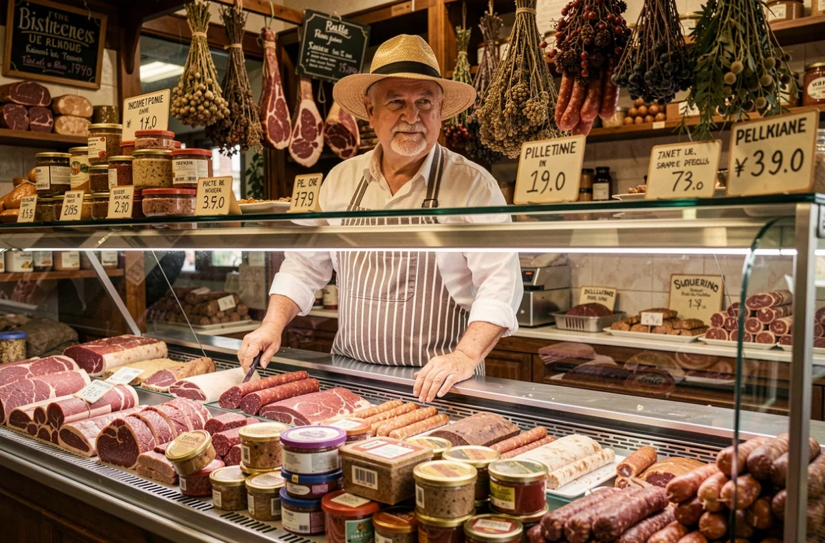 Boucher de la Boucherie Burette et Fils derrière son comptoir vitré garni de pâtés, rillettes et saucisses artisanales