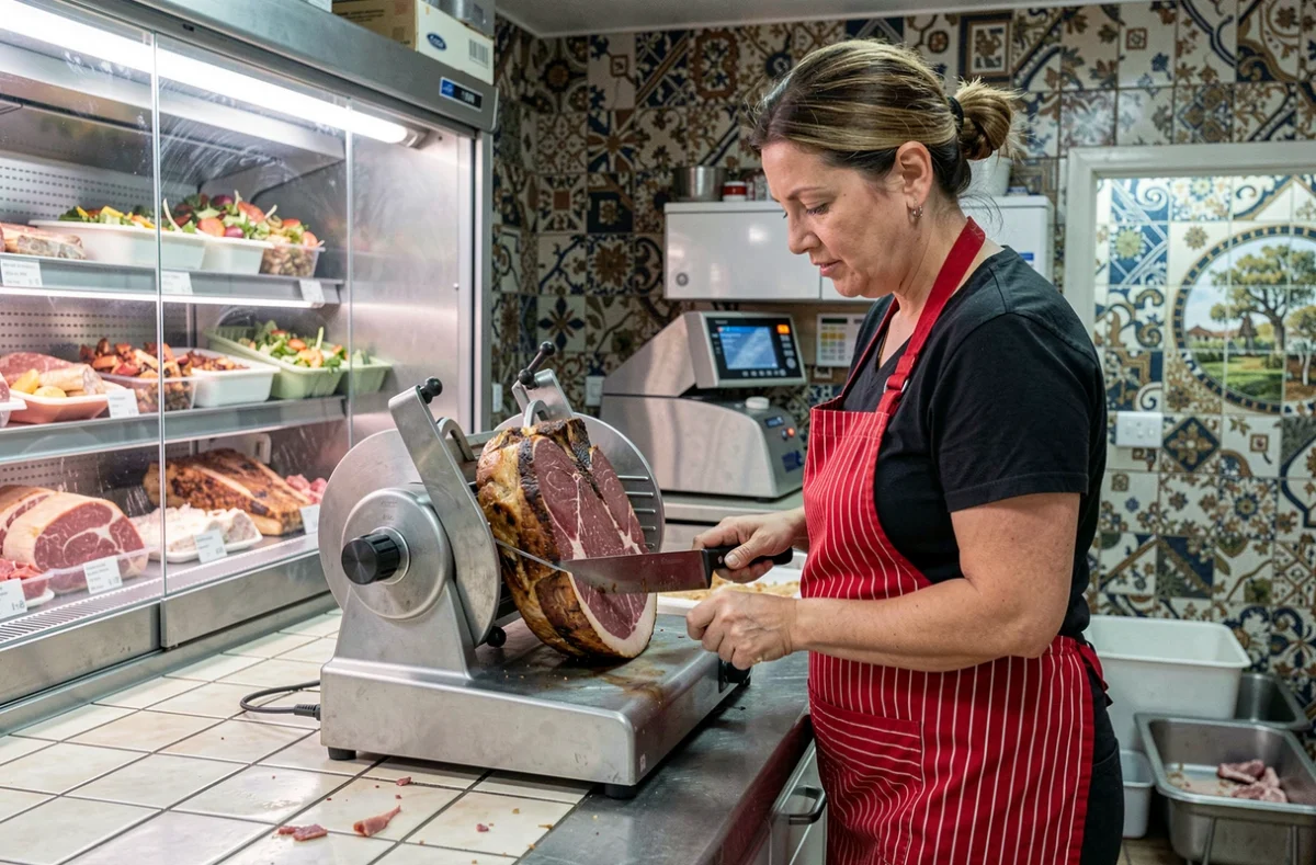 Bouchère de la Boucherie des Weppes tranchant un jambon cuit dans sa boutique artisanale avec vitrine de charcuteries et salades traiteur