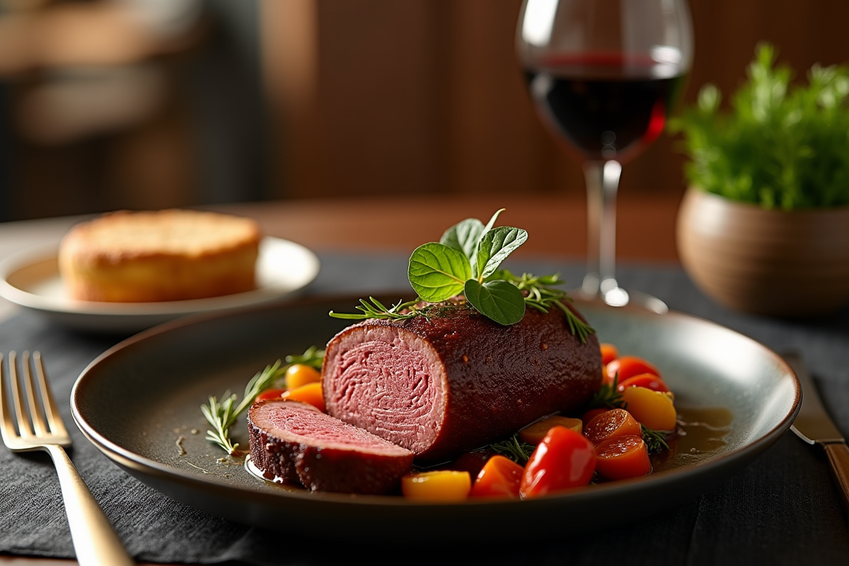 Boudin noir présenté avec légumes et vin rouge