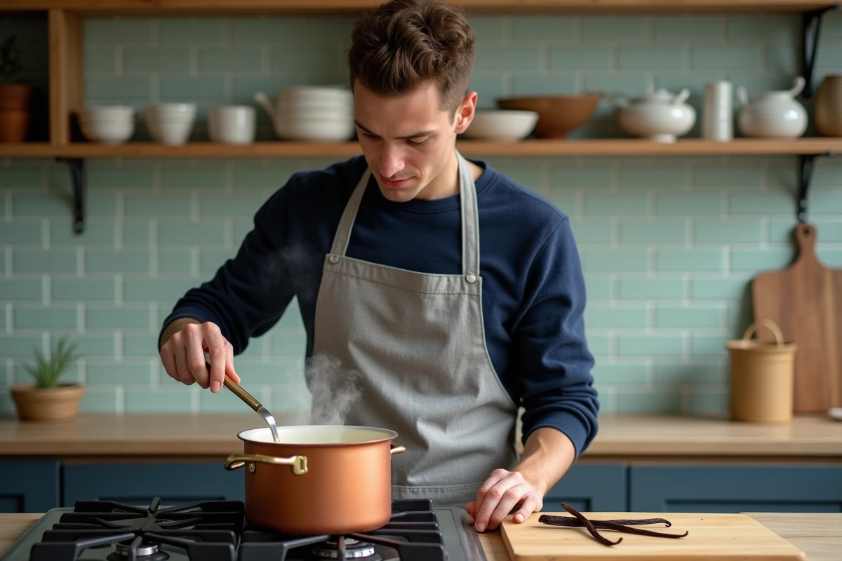 Jeune boulanger amateur préparant une crème anglaise à la vanille dans une cuisine domestique chaleureuse