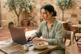 Femme télétravailleurs en brunch sur une terrasse de café méditerranéen à Hyères avec laptop ouvert et espresso