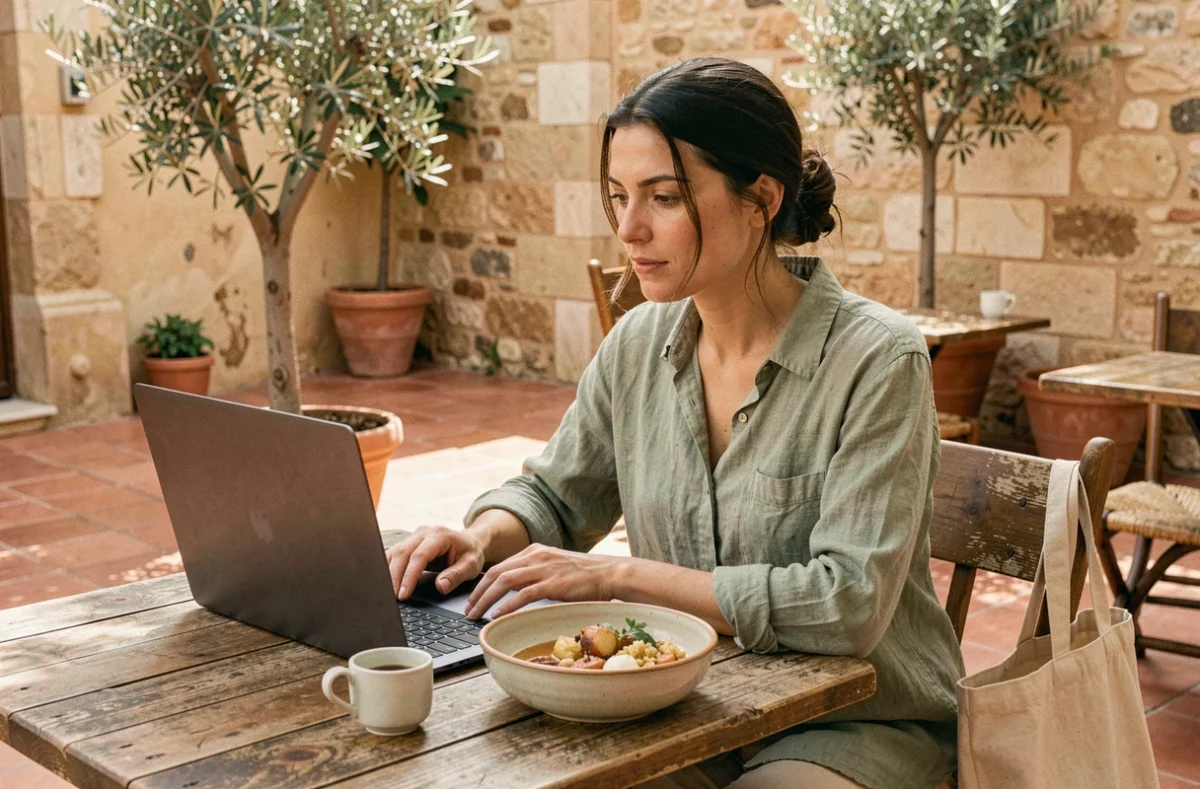 Femme télétravailleurs en brunch sur une terrasse de café méditerranéen à Hyères avec laptop ouvert et espresso