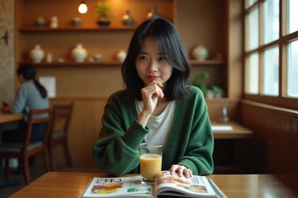 Jeune femme dans un café japonais examine un verre de soju
