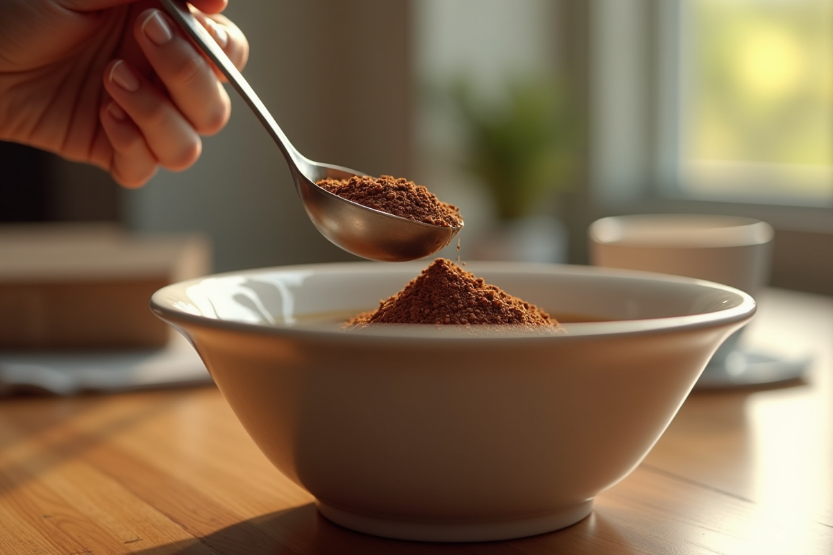 Cuillère en métal mesurant du café moulu sur une table