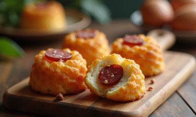 Cannelés au chorizo dorés sur planche en bois rustique