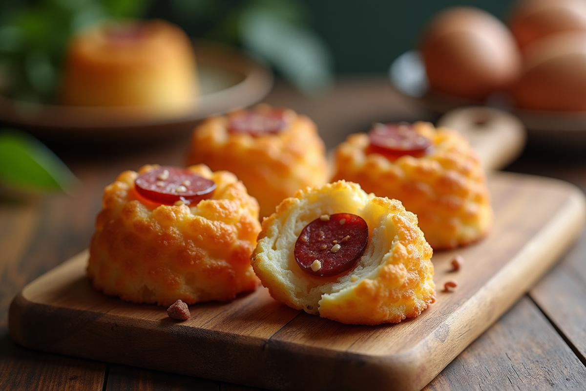 Cannelés au chorizo dorés sur planche en bois rustique
