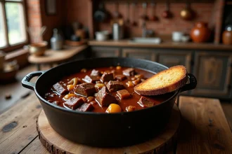 Carbonade flamande grand-mère mijotant dans une cocotte en fonte avec sauce à la bière brune et pain d'épices