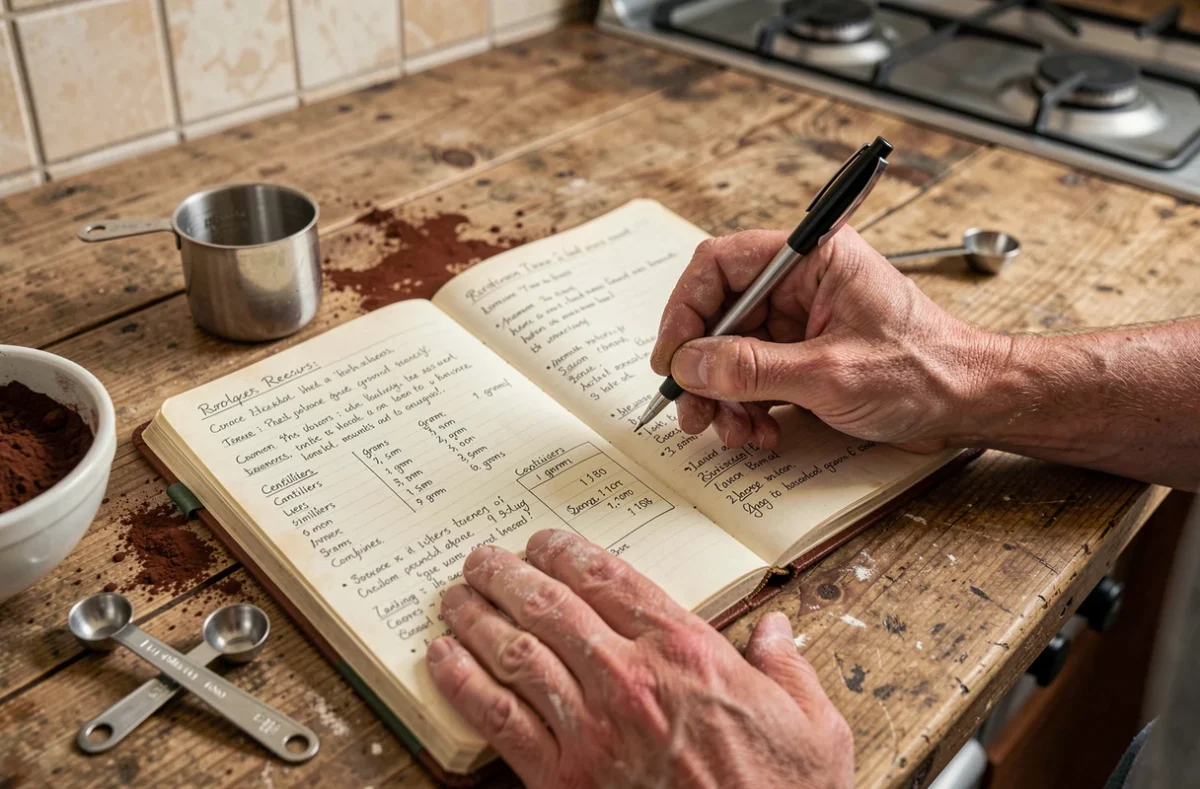 Carnet de recettes ouvert avec tableau de conversion cl en grammes, entouré d'ustensiles de mesure et de cacao sur une table en bois rustique