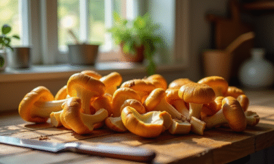 Champignons chanterelle fraîchement récoltés en cours de nettoyage sur une table en bois